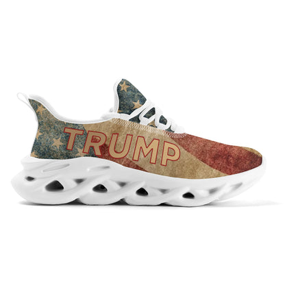 A side image of TRUMP shoes with a background of a beautiful Old Glory American flag.