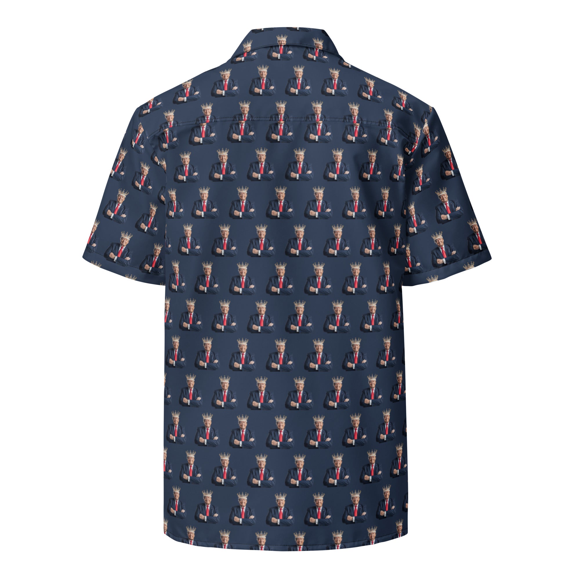 A Donald Trump All Over Print Button Shirt with the style of the great MAGA King in Navy Blue - back view