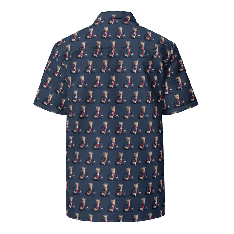 A Donald Trump All Over Print Button Shirt with the style of the great MAGA King in Navy Blue - back view