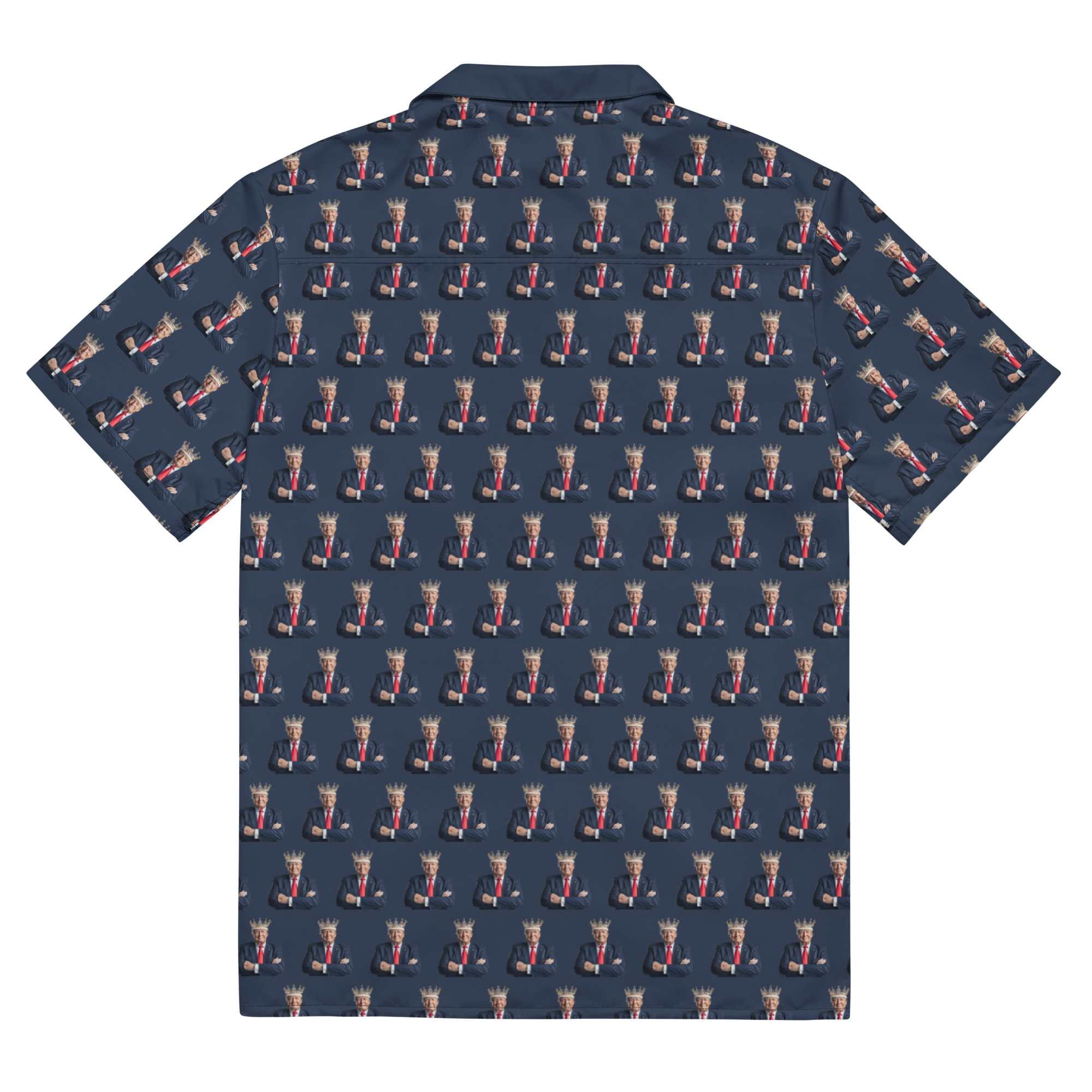 A Donald Trump All Over Print Button Shirt with the style of the great MAGA King in Navy Blue pattern on the back, and Red MAGA patterns on the front. Back view.