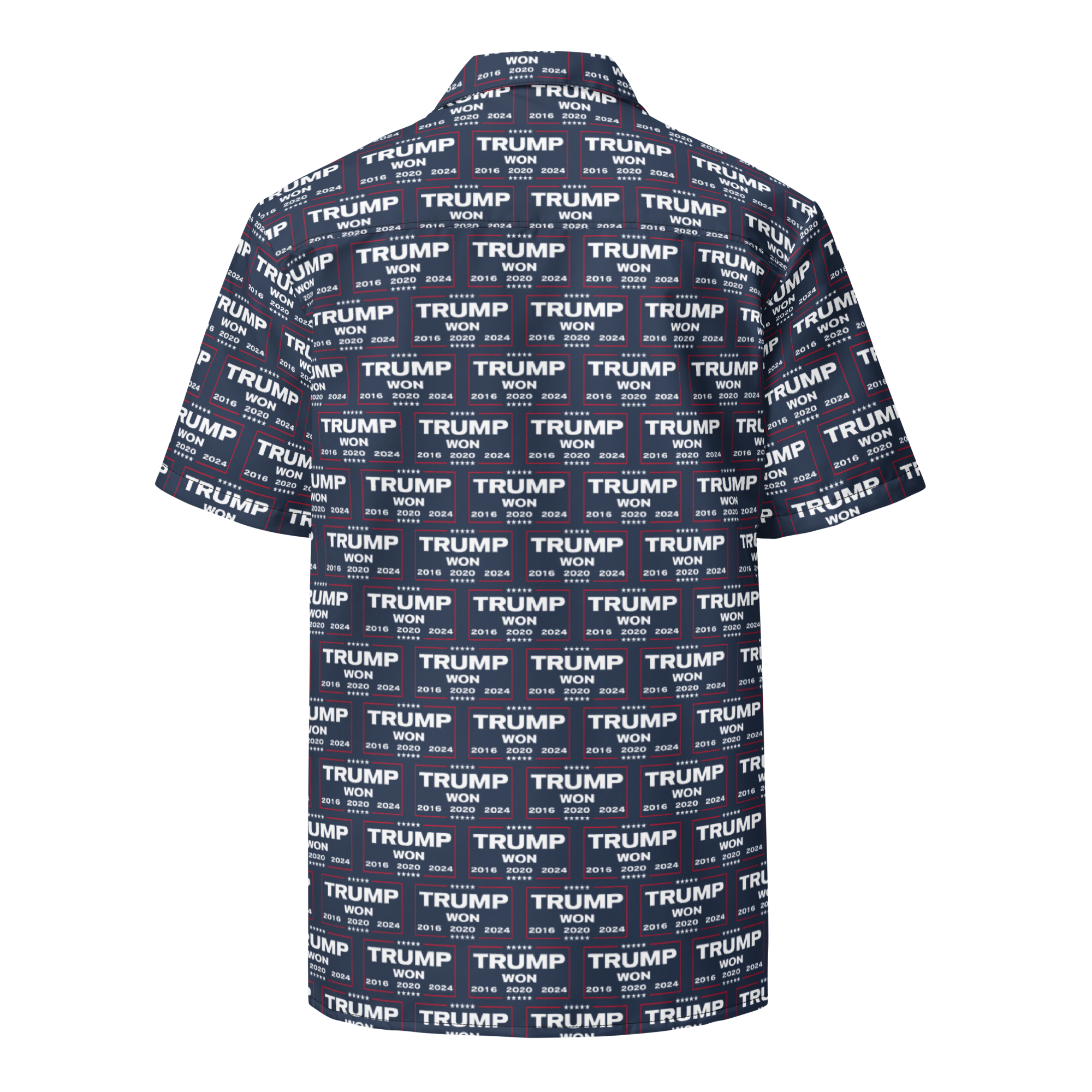 A Donald Trump All-Over-Print Button Shirt with the style of TRUMP WON. Front View.