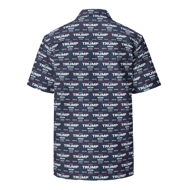 A Donald Trump All-Over-Print Button Shirt with the style of TRUMP WON. Front View.