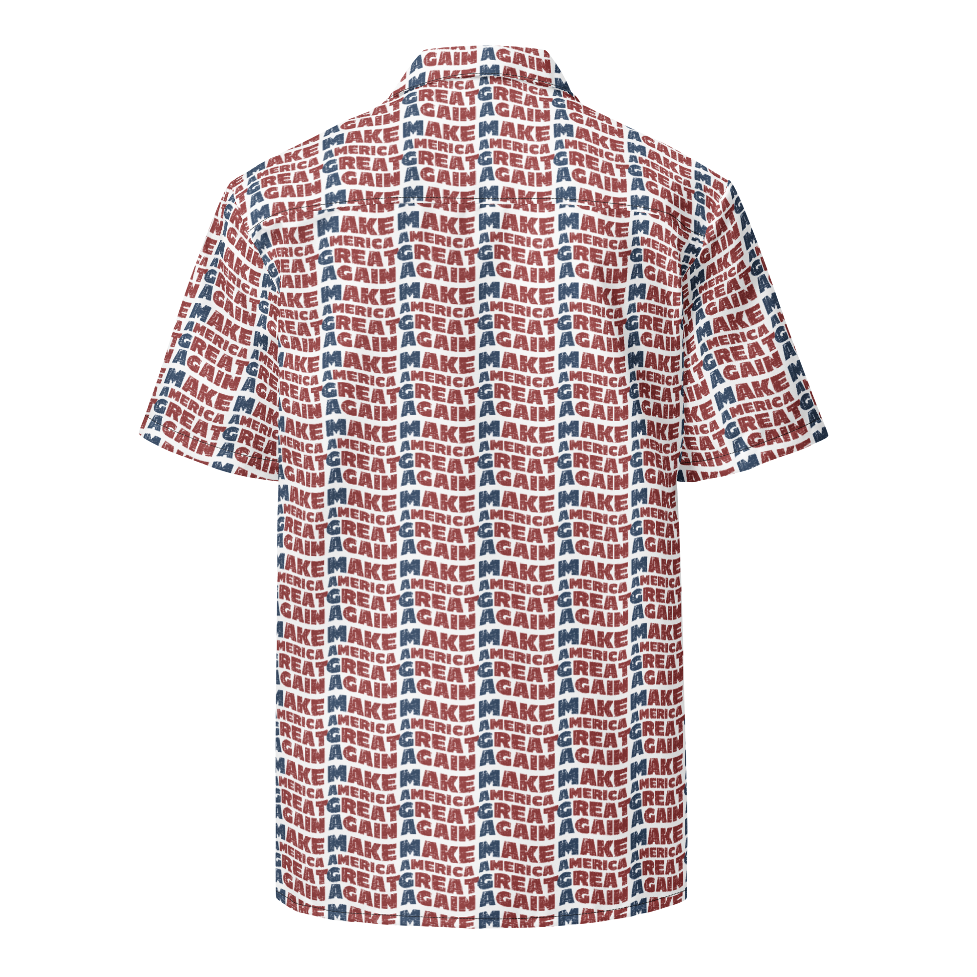 A Donald Trump All-Over-Print Button Shirt with the style of Make America Great Again. Back View.