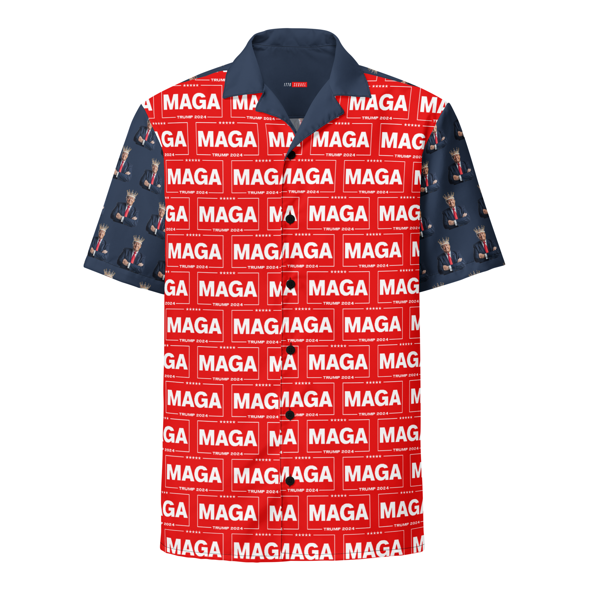 A Donald Trump All Over Print Button Shirt with the style of the great MAGA King in Navy Blue pattern on the back, and Red MAGA patterns on the front. Front View.