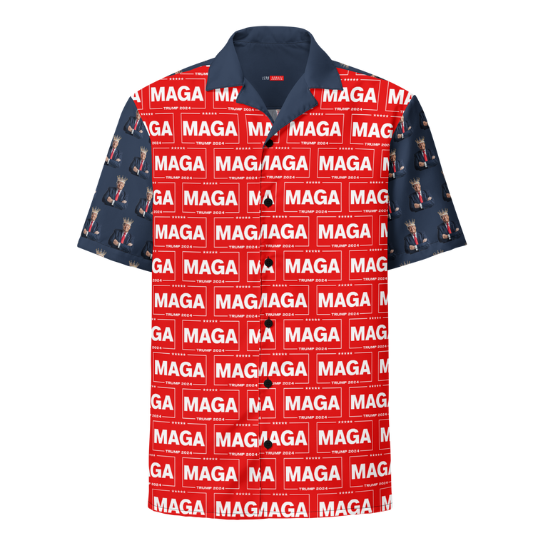 A Donald Trump All Over Print Button Shirt with the style of the great MAGA King in Navy Blue pattern on the back, and Red MAGA patterns on the front. Front View.
