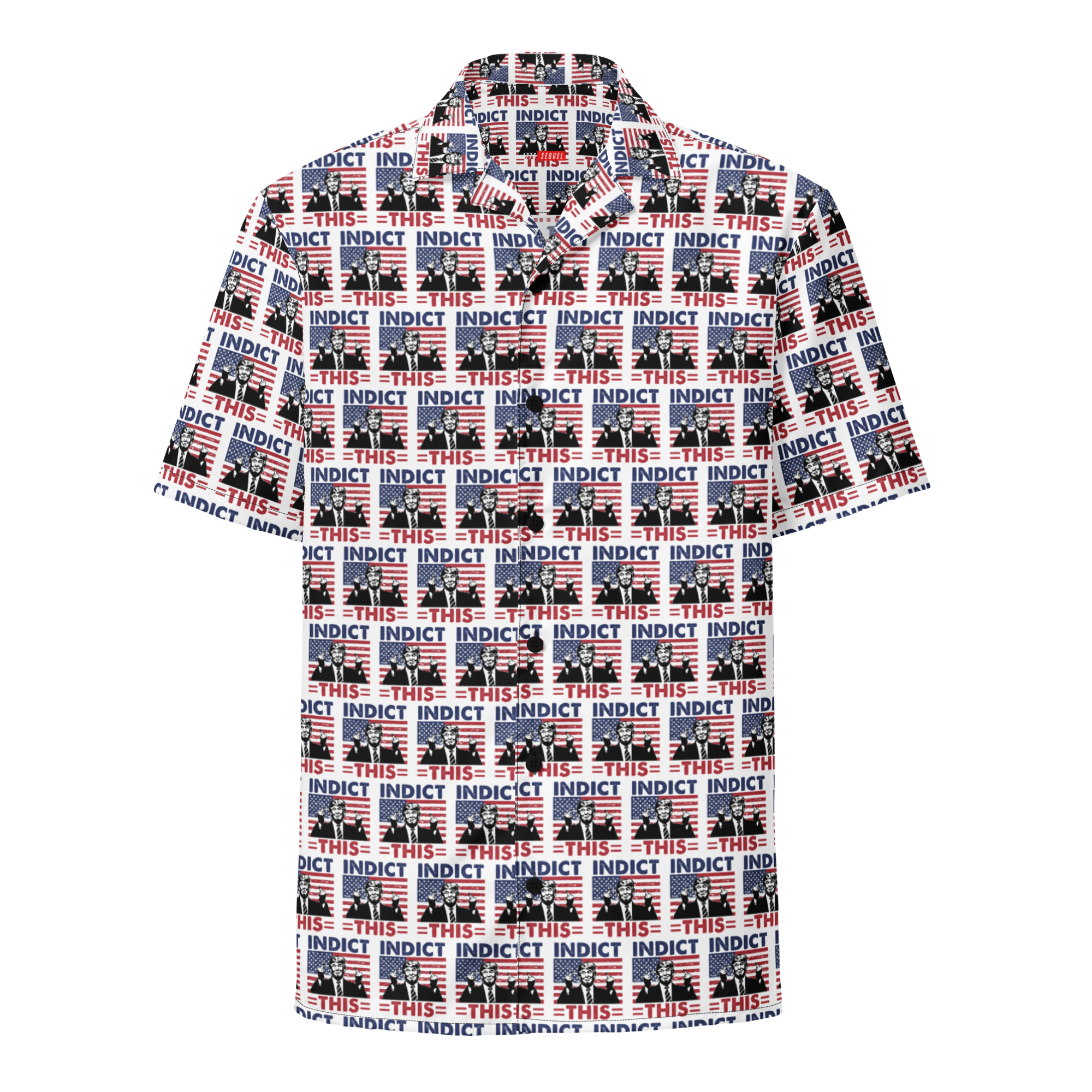 A Donald Trump All-Over-Print Button Shirt with the style of INDICT THIS and Donald Trump with two middle fingers. Front View.