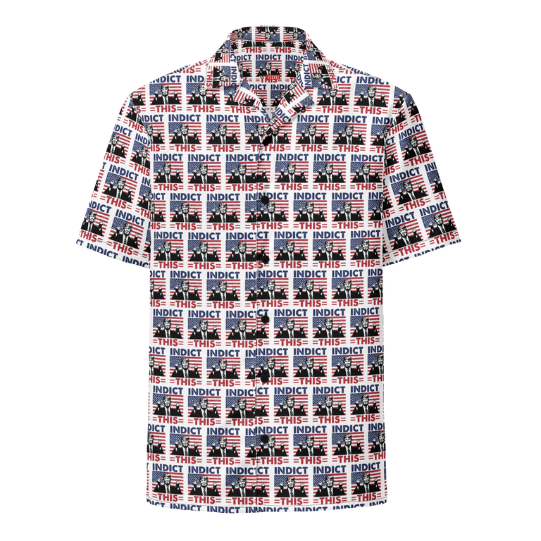 A Donald Trump All-Over-Print Button Shirt with the style of INDICT THIS and Donald Trump with two middle fingers. Front View.