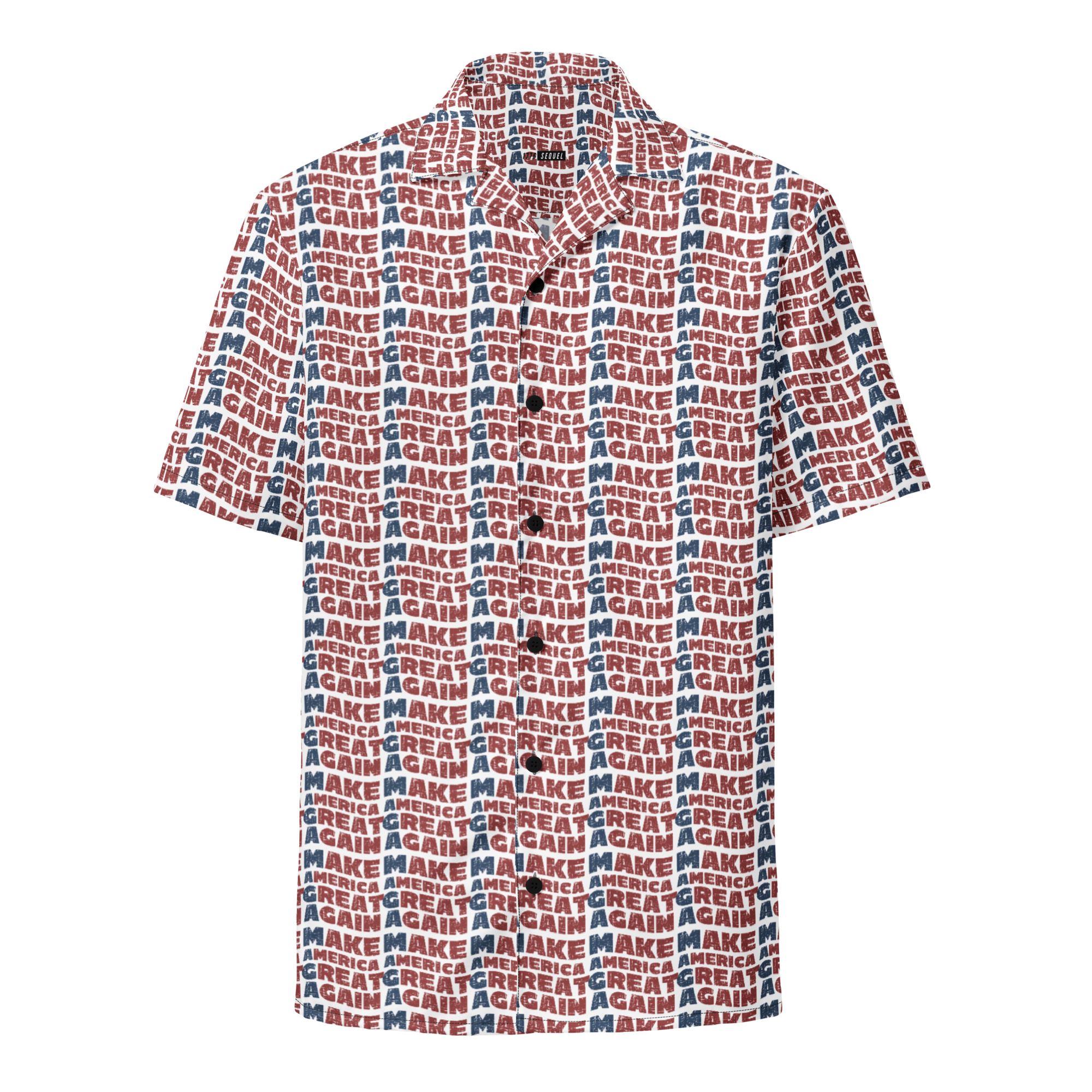 A Donald Trump All-Over-Print Button Shirt with the style of Make America Great Again. Front View.