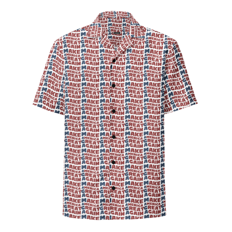 A Donald Trump All-Over-Print Button Shirt with the style of Make America Great Again. Front View.