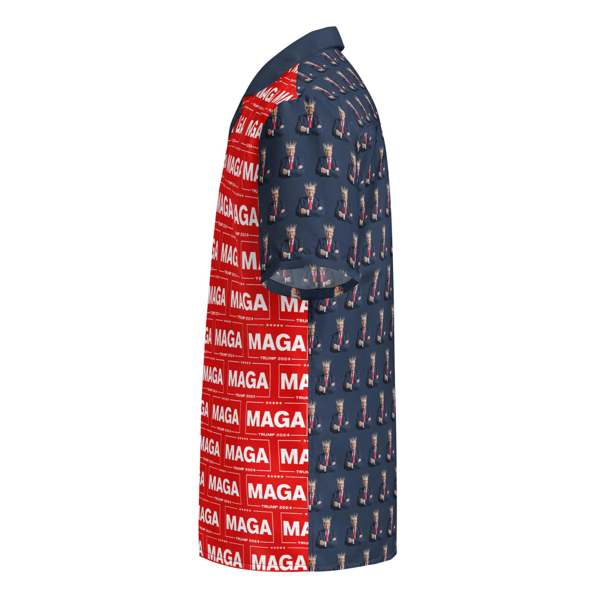 A Donald Trump All Over Print Button Shirt with the style of the great MAGA King in Navy Blue pattern on the back, and Red MAGA patterns on the front. Side View.