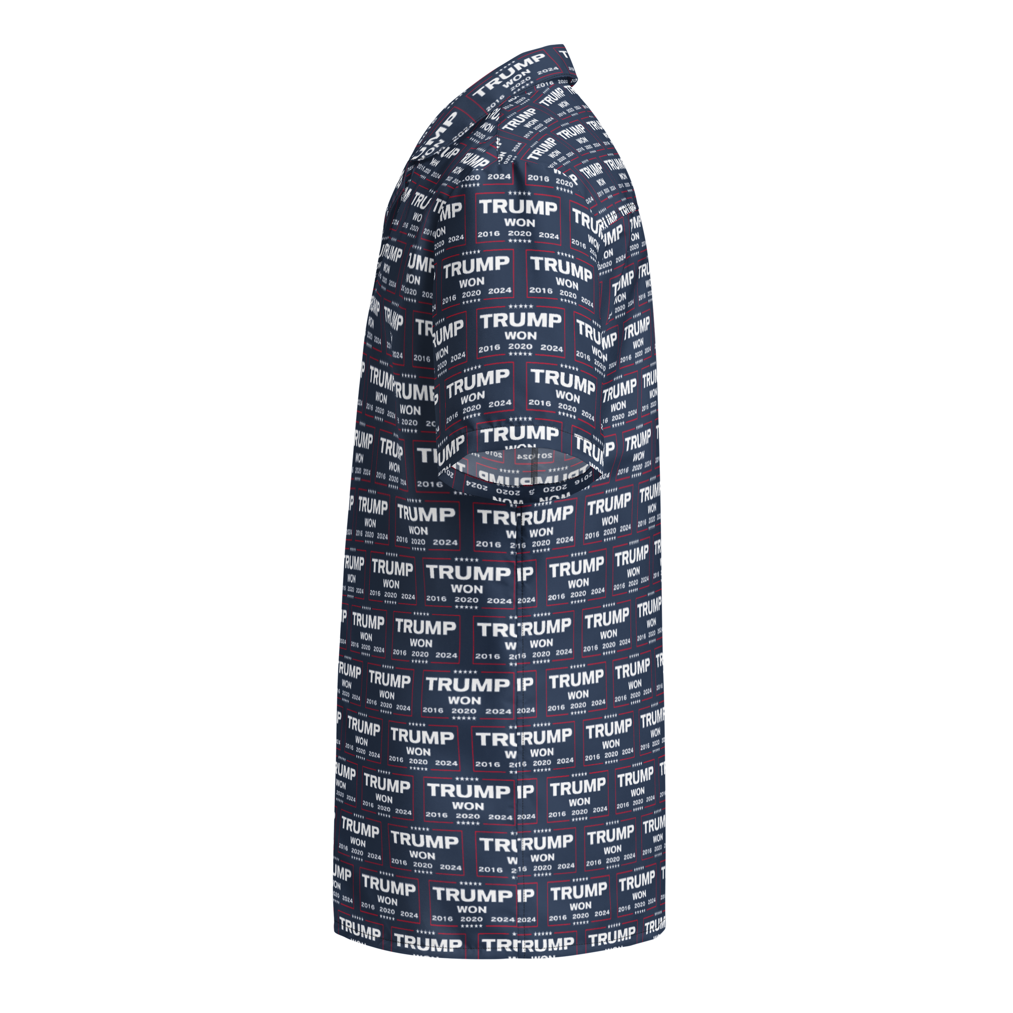 A Donald Trump All-Over-Print Button Shirt with the style of TRUMP WON. Side View.