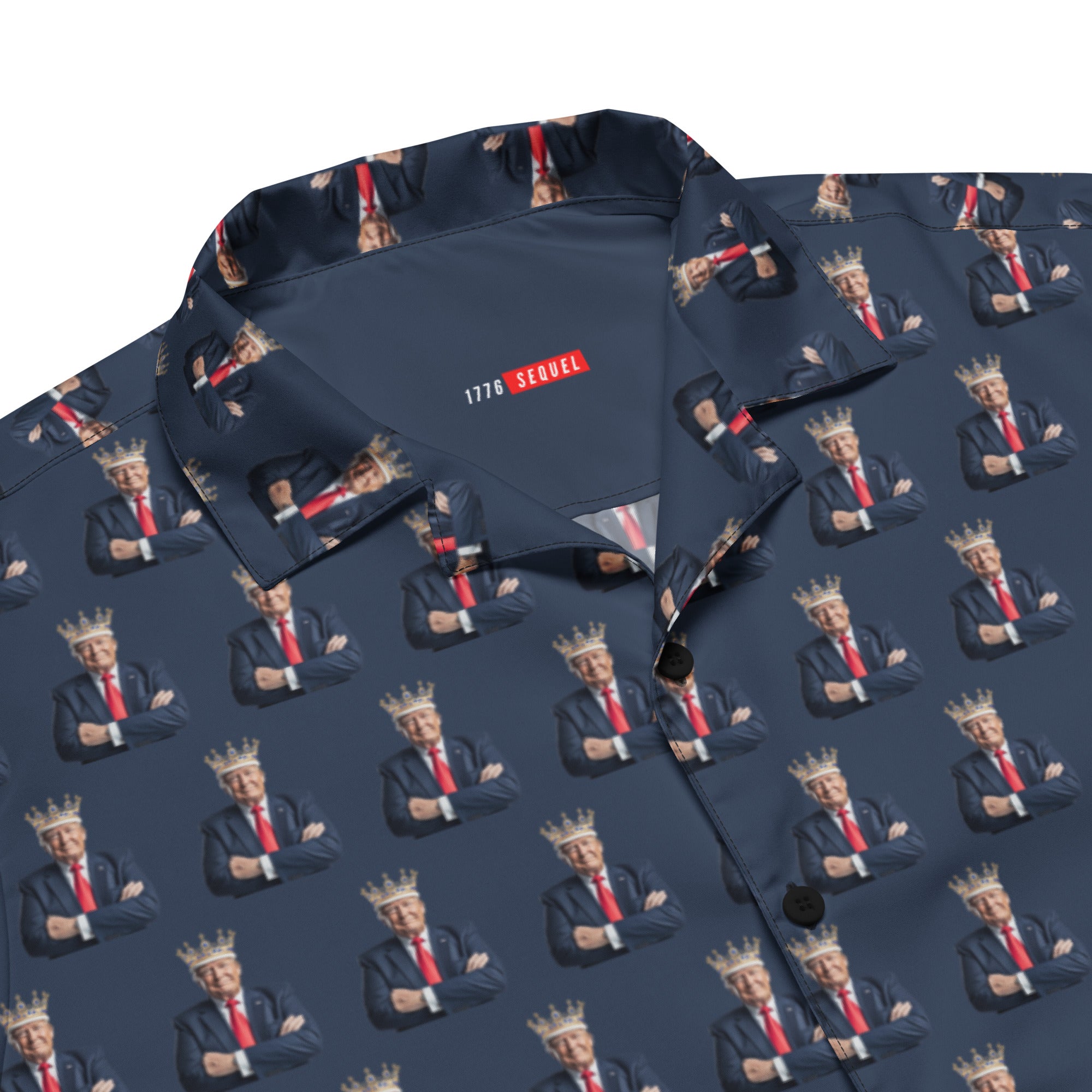 A Donald Trump All Over Print Button Shirt with the style of the great MAGA King in Navy Blue - closeup