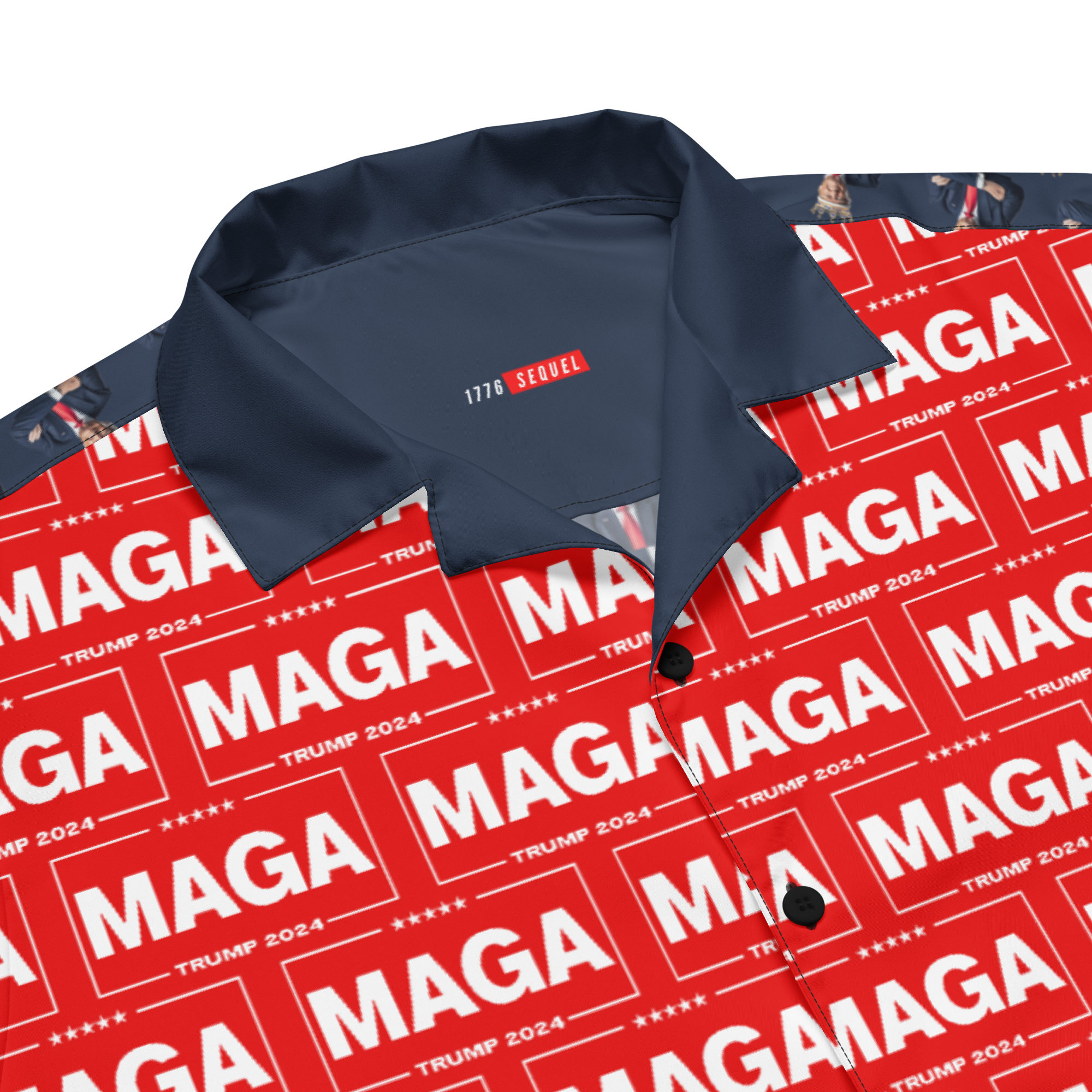 A Donald Trump All Over Print Button Shirt with the style of the great MAGA King in Navy Blue pattern on the back, and Red MAGA patterns on the front. Front View Closeup.