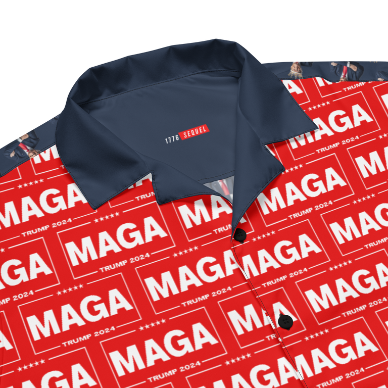 A Donald Trump All Over Print Button Shirt with the style of the great MAGA King in Navy Blue pattern on the back, and Red MAGA patterns on the front. Front View Closeup.