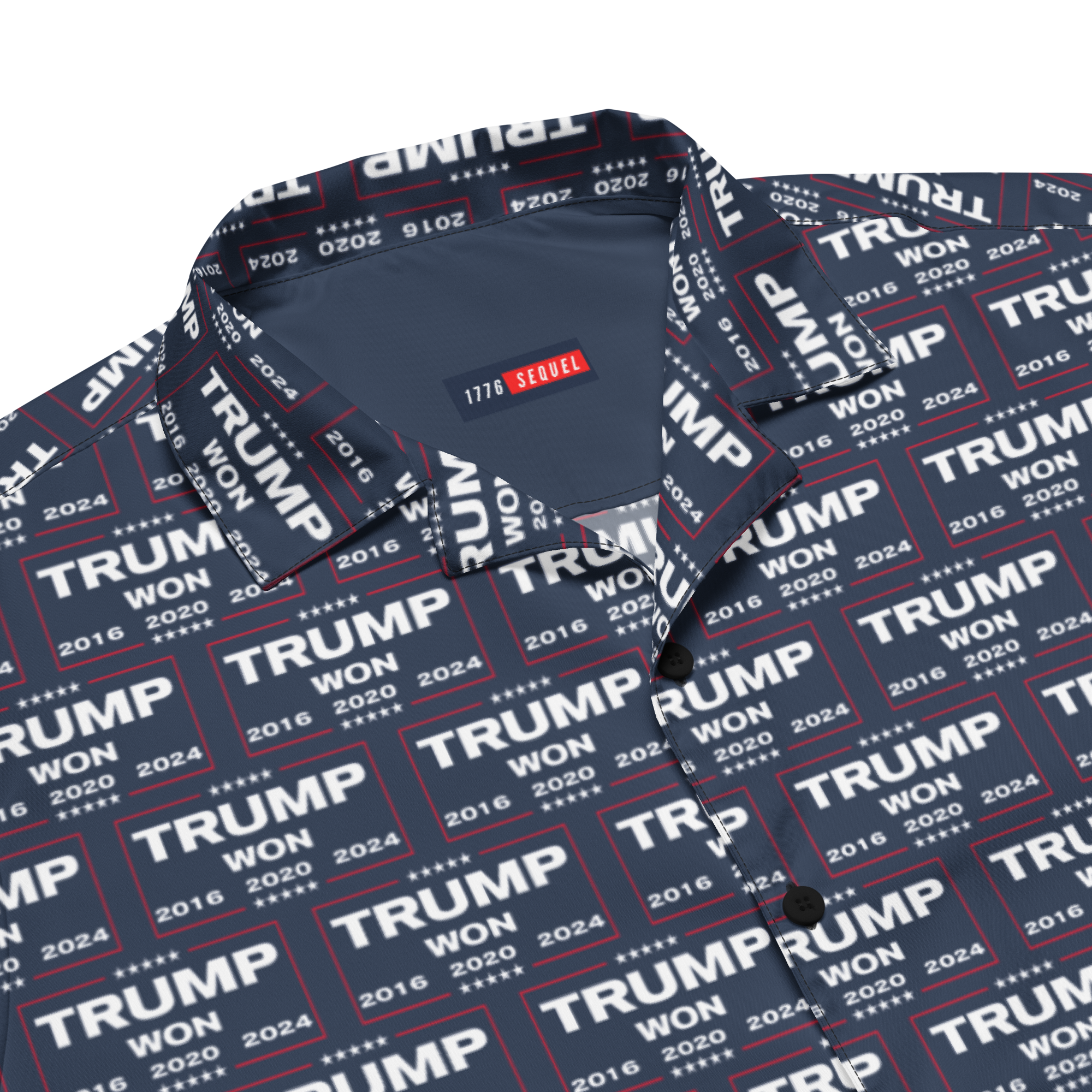 A Donald Trump All-Over-Print Button Shirt with the style of TRUMP WON. Front View closeup.