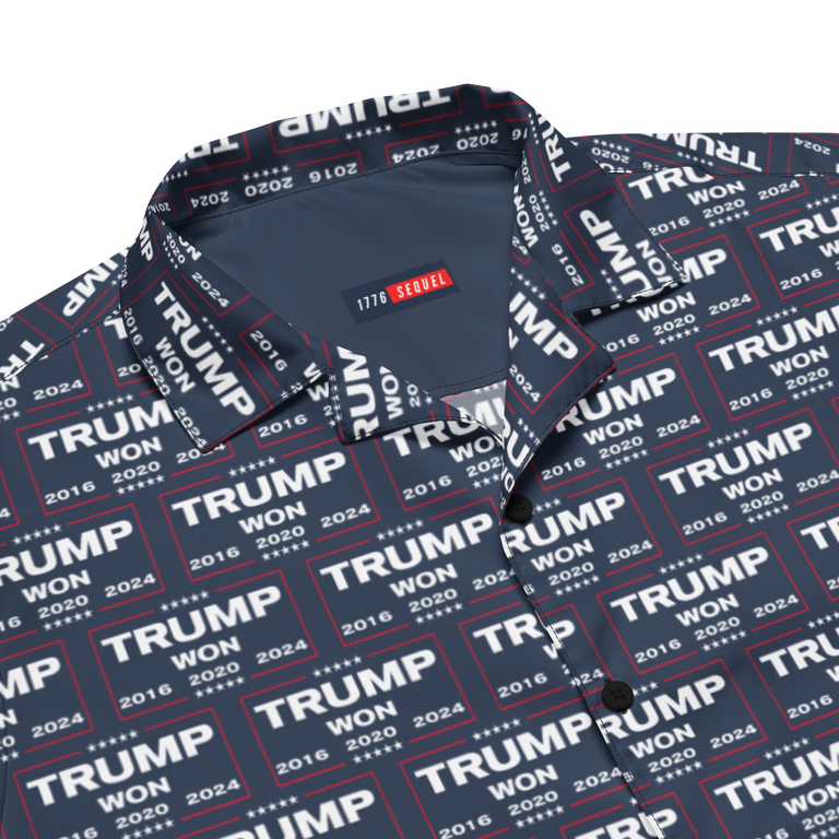 A Donald Trump All-Over-Print Button Shirt with the style of TRUMP WON. Front View closeup.