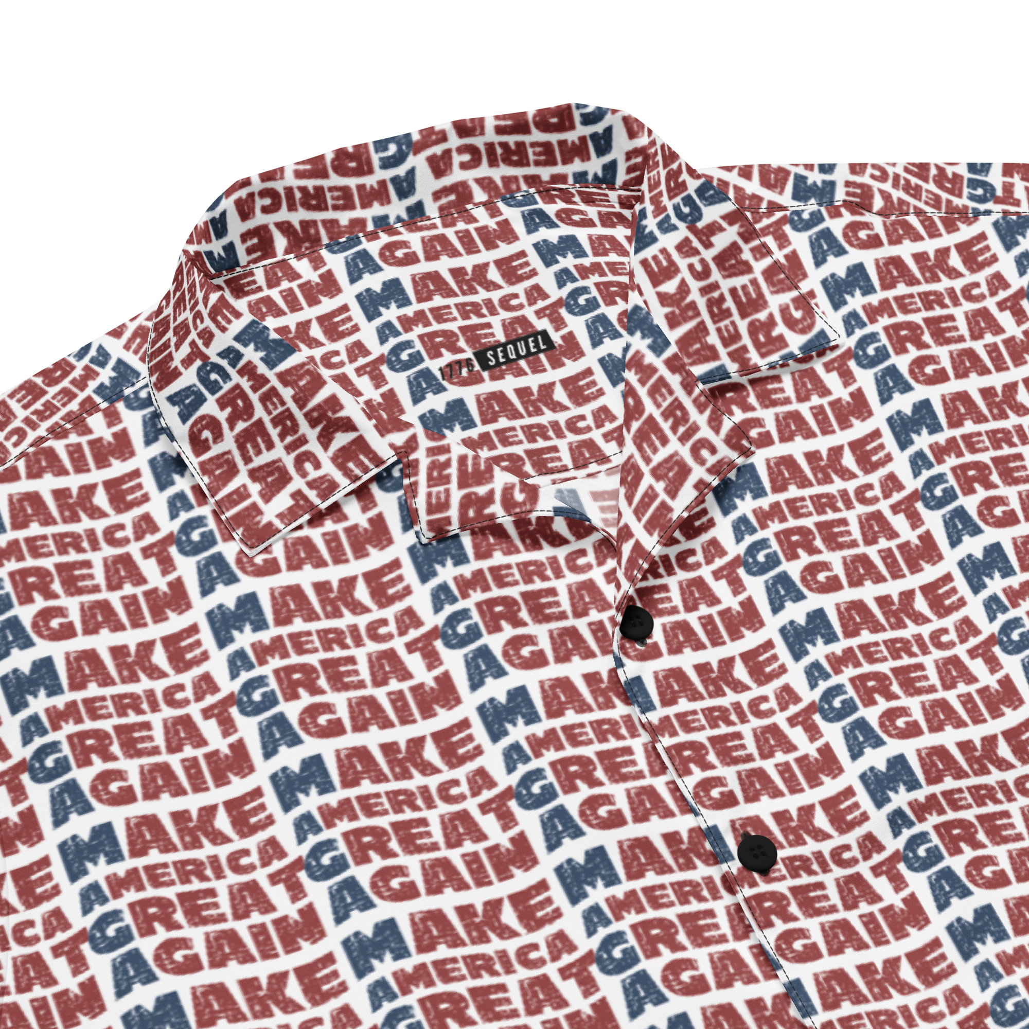 A Donald Trump All-Over-Print Button Shirt with the style of Make America Great Again. Front View, closeup
