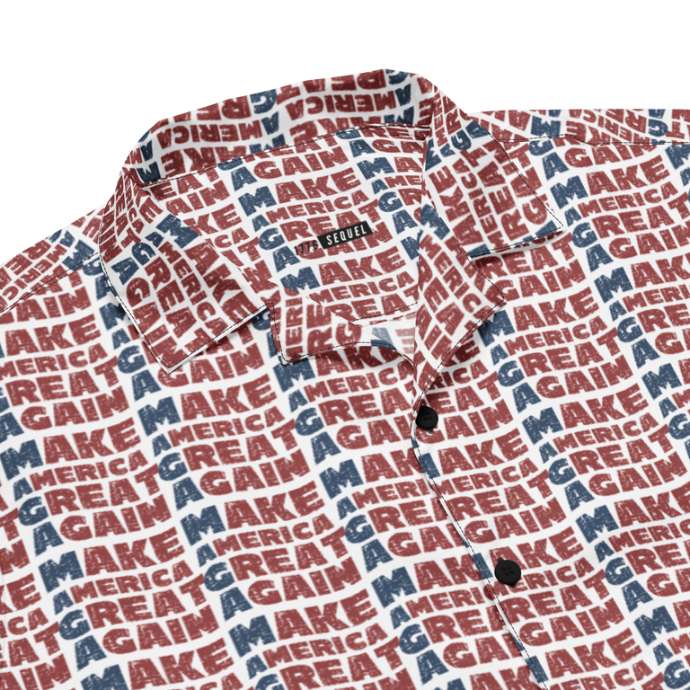 A Donald Trump All-Over-Print Button Shirt with the style of Make America Great Again. Front View, closeup