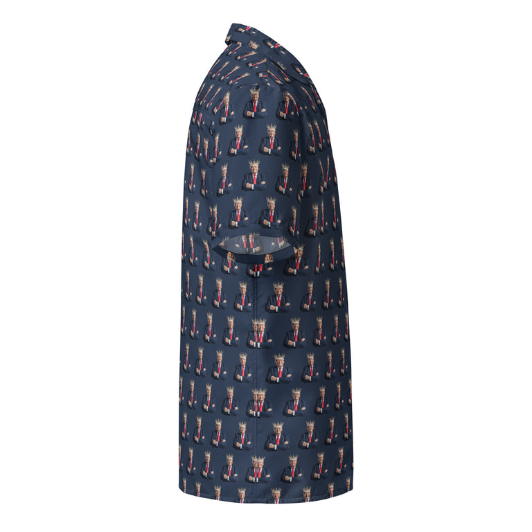 A Donald Trump All Over Print Button Shirt with the style of the great MAGA King in Navy Blue - side view